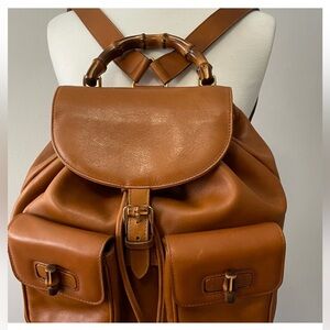 Gucci Classic Backpack Bag Caramel Leather Bamboo Tan/Brown